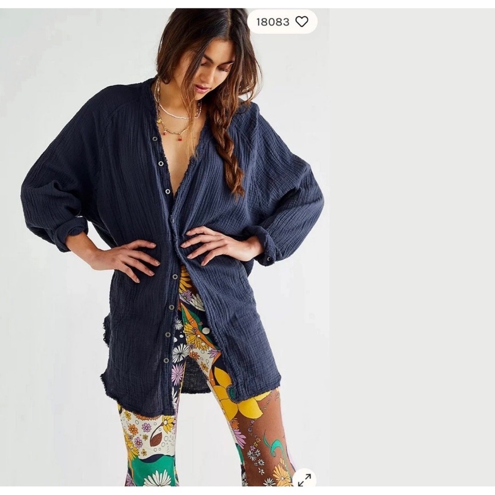 Free People Summer Daydream Women Large Blue Good Button Down Gauze Shirt Top